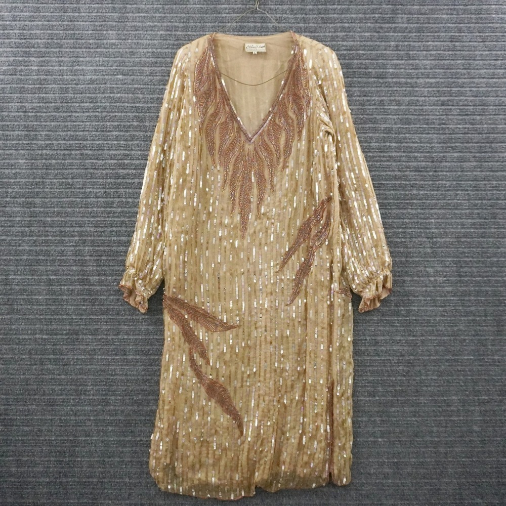 Vintage Chanson D'Amour Beaded Silk Shift Dress Womens Large Gold Sequin Feather